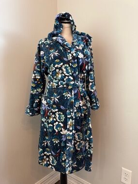 Vera Bradley Hooded Fleece Robe S/M Blue Floral Belted Pockets Cozy Lounge